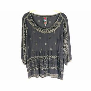 Johnny Was Womens Sheer Full Embroidered 3/4 Slvs